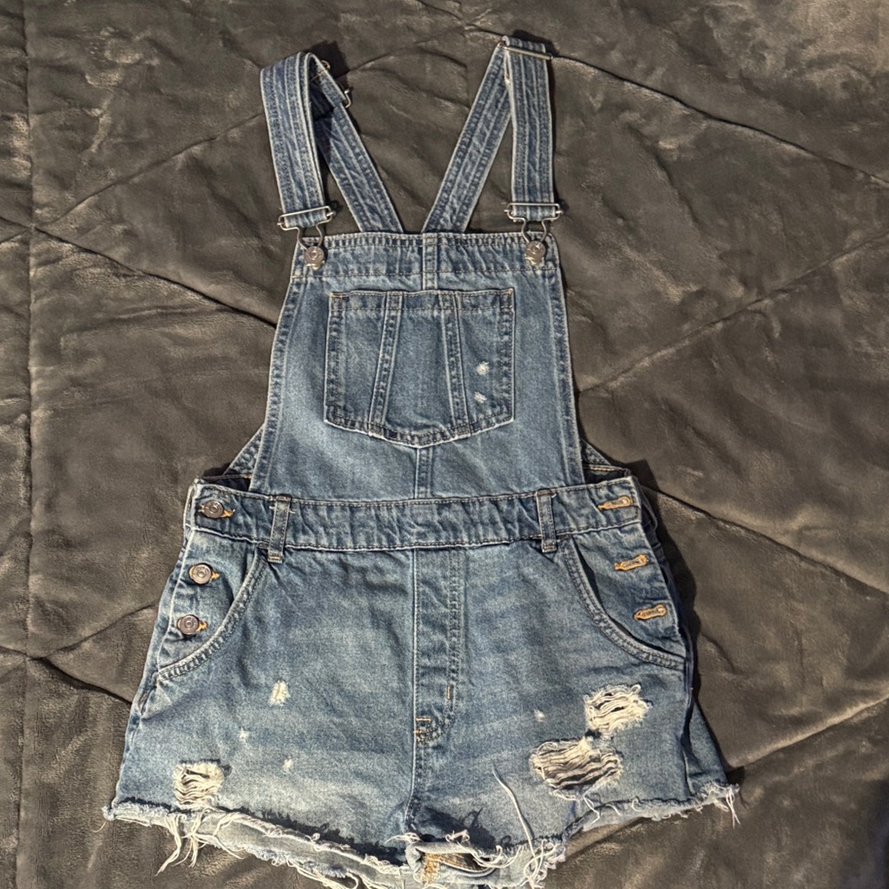 H&M Denim Distressed Short Overalls